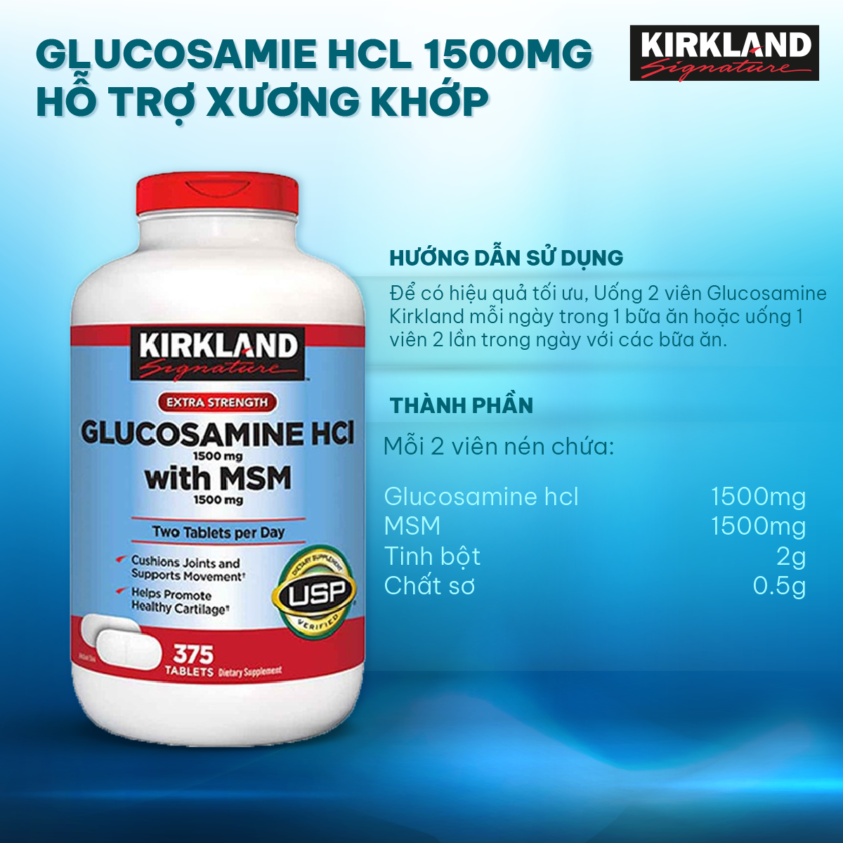 Viên uống Bổ xương khớp Kirkland Glucosamine HCL 1500mg With MSM 375 Viên