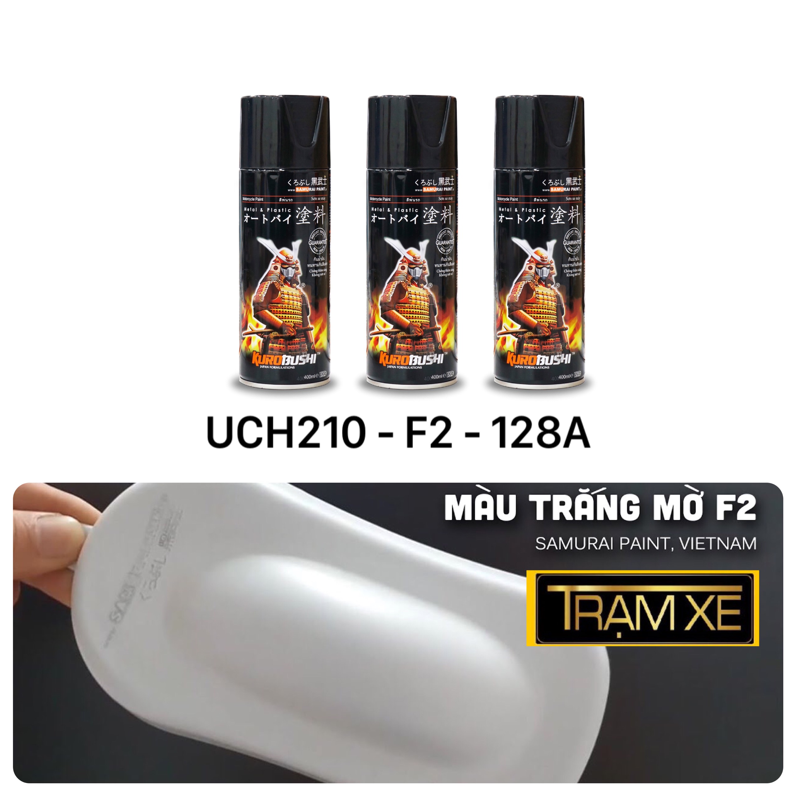 COMBO Sơn xịt Samurai màu Trắng nhám mờ F2 đủ quy trình bền đẹp