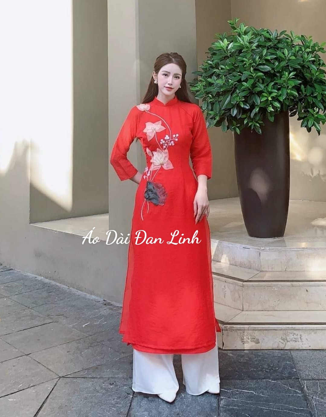 Áo Dài lụa Tây thi kết hoa sen đẹp dịu dàng - Áo Dài Đan Linh
