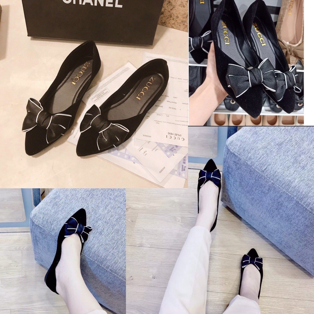 Giày nữ- giày nỉ nhung mũi nhọn gắn nơ- giày nhung nơ- giày búp bê