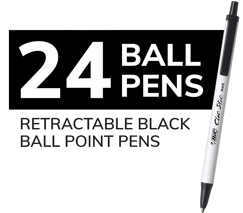 Bút BIC Clic Stic Black Retractable Ballpoint Pens, Medium Point (1.0mm), 24-Count Pack, Round Barrel Design for Comfort