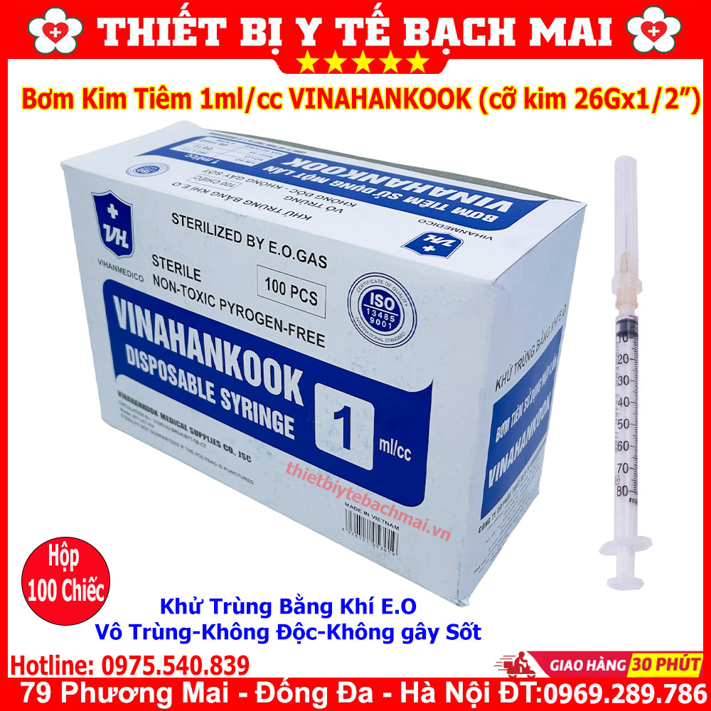 [Hộp 100] Bơm Tiêm 1ml VINAHANKOOK Đầu Kim 26G