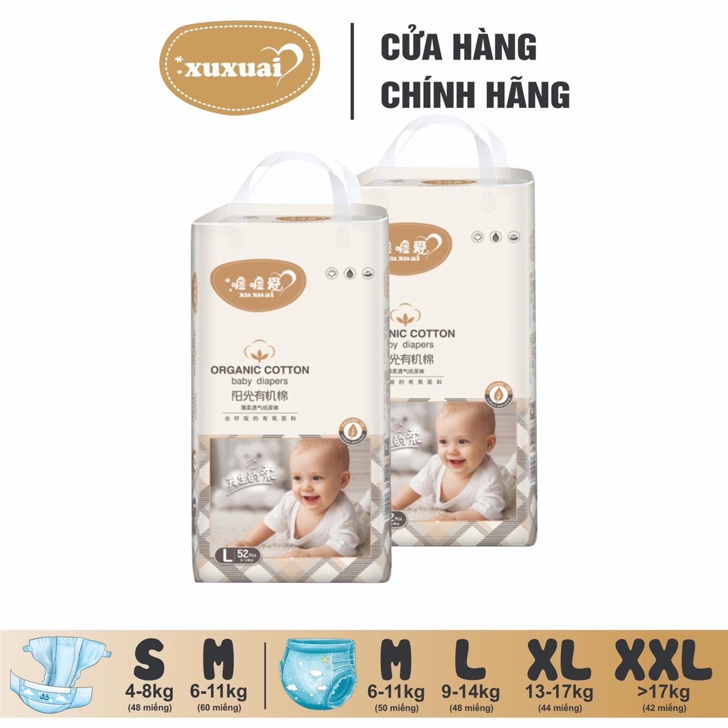 Bỉm organic cotton xuxuai - dán/quần đủ size nb, s68, m60, l48, xl44, xxl42