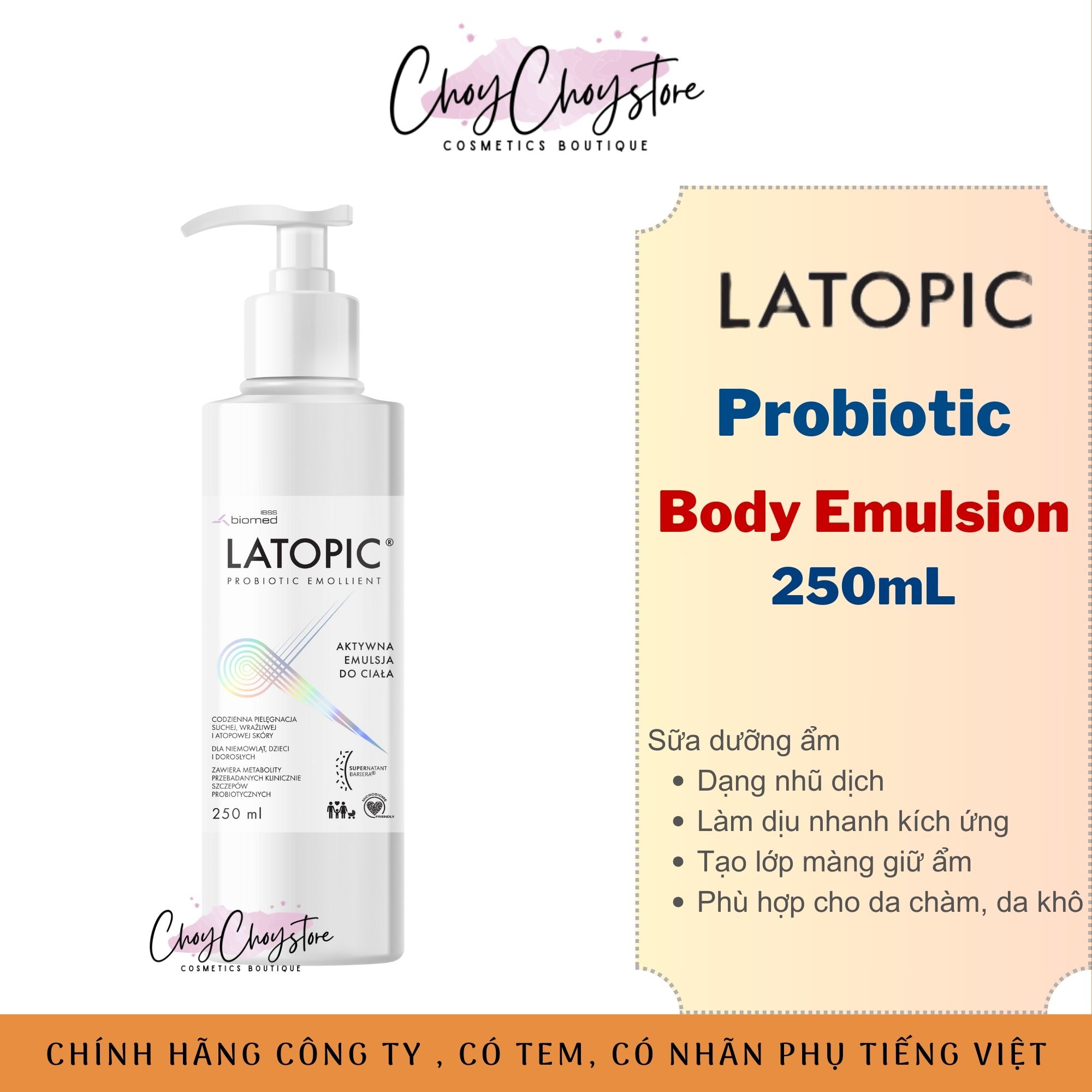(TEM CTY) Kem Dưỡng Ẩm Latopic Body Emulsion 250mL Cho Da Chàm, Khô