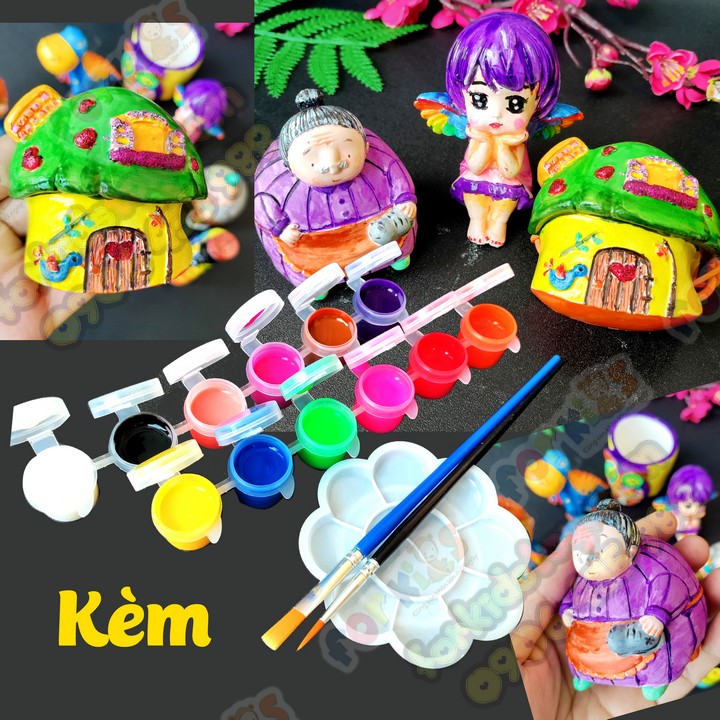 Combo of 10 coloring statue, size M (7-9cm), give away 12 colors 1 tray 2 brush, plaster statue, child toys