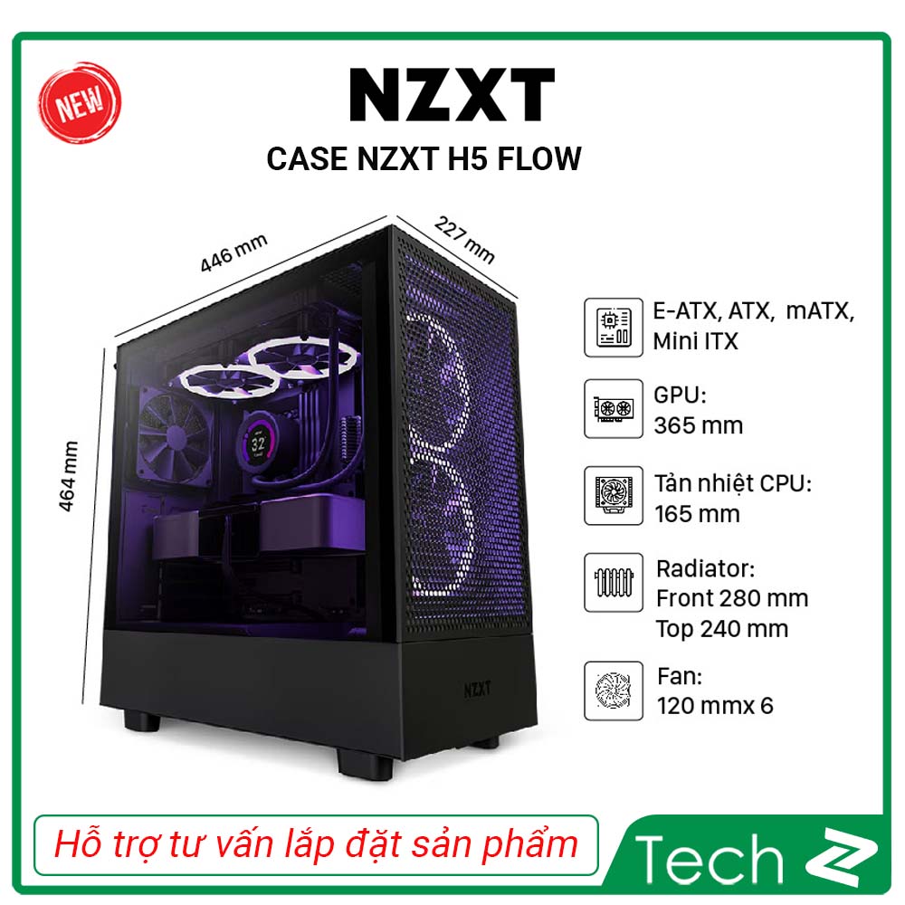 Vỏ máy tính NZXT H5 Flow (Mid Tower/Màu Trắng/Màu Đen)