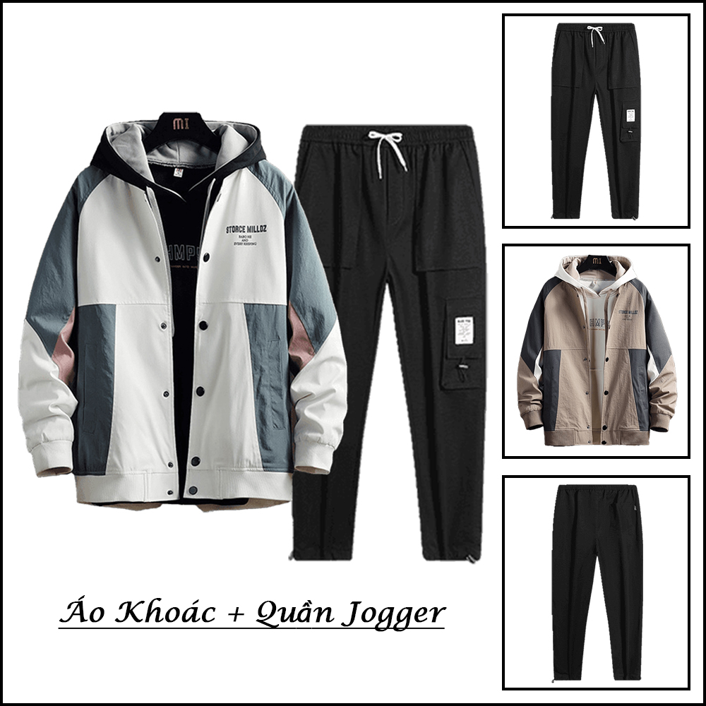 Bộ Đồ Nỉ Nam Áo Khoác Bomber Áo Khoác Nhẹ Tay Phối Sọc Chữ Kết Hợp Quần Jogger Túi Hộp Rút Gấu Năng Động Hot Trend Thời Trang FASHION4MENHN SET NAM 90000179