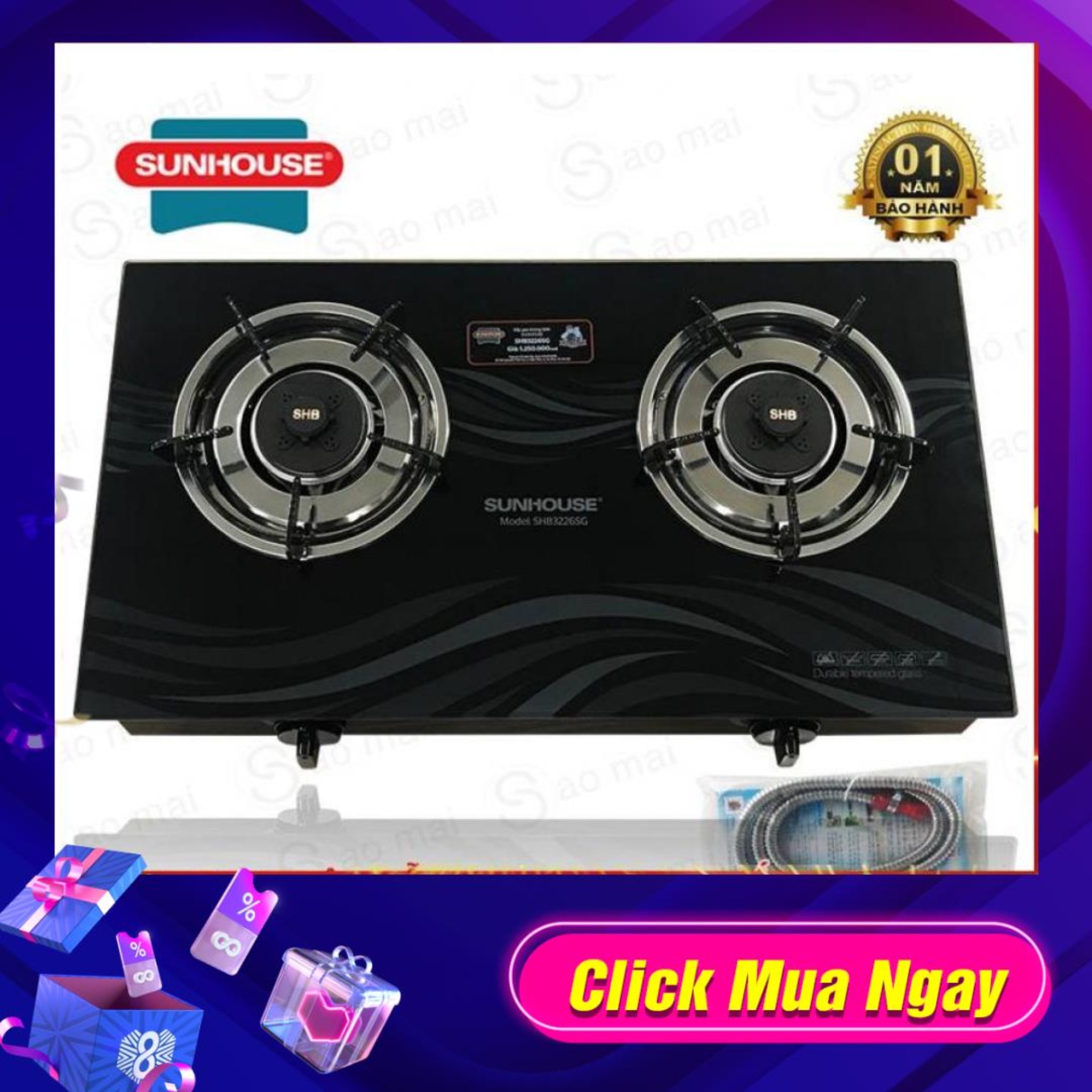 Bếp gas đôi dương kính Sunhouse SHB3365 / SHB3226SG Cao...