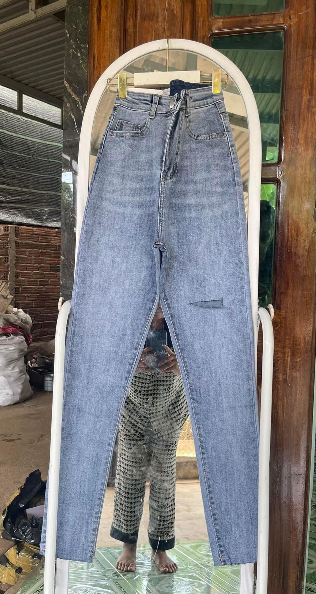 Jeans dài lưng cao co giãn rách bẹ PT