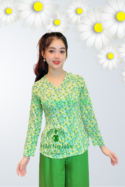 ÁO BÀ BA LỤA HOA CỔ V + QUẦN