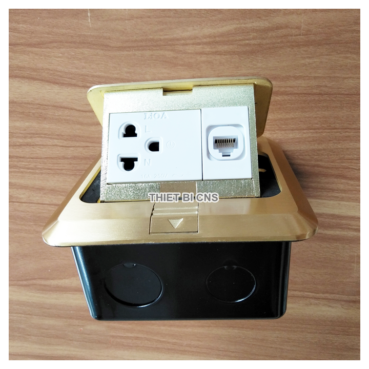 Ổ cắm âm sàn LiOA - Loại ổ đơn 3 chấu với Hạt mạng lan, vỏ mặt kim loại đồng nguyên khối