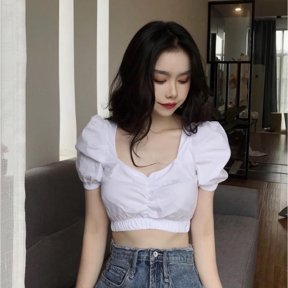 Áo kiểu croptop chất voan nhúm ngực tay phồng nhẹ xinh