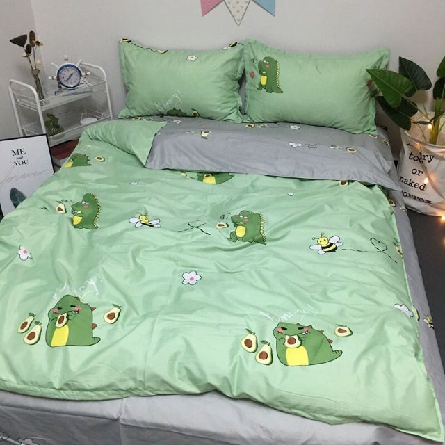 Bộ chăn Phao Kèm Ga Và Vỏ Gối Chất Cotton Poly Mẫu KHỦNG LONG BƠ