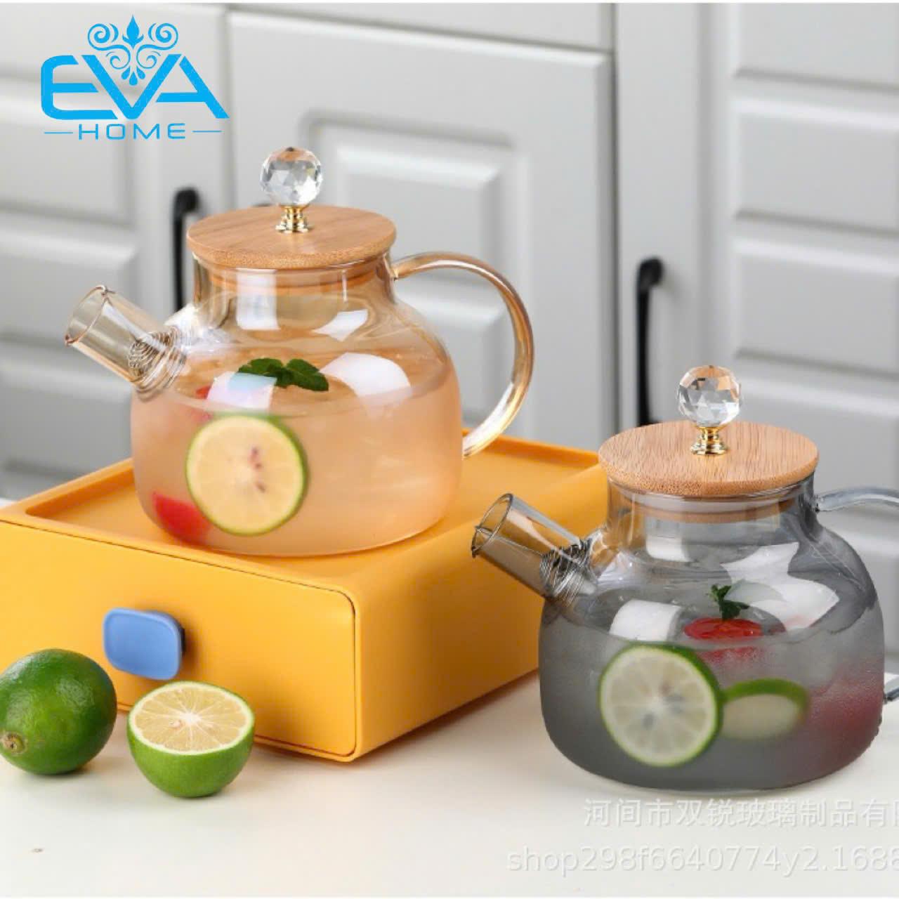 Bình Pha Trà Thuỷ Tinh Ánh Vàng Chịu Nhiệt Lưới Lọc Lò Xo Kèm Nắp Gỗ Cách Điệu Sang Trong 1000ML