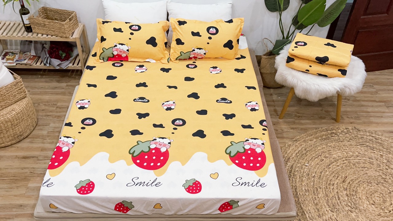 Set ga gối mẫu bò sữa dâu vàng chm45