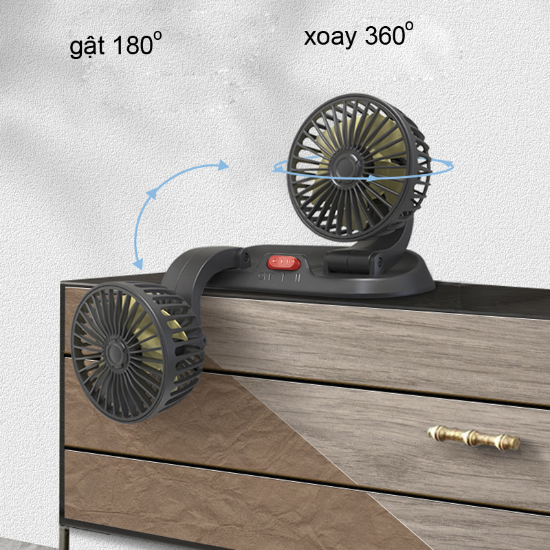 Quạt máy đôi 12v cắm xe ô tô xoay 360 độ điều chỉnh được gió mạnh yếu