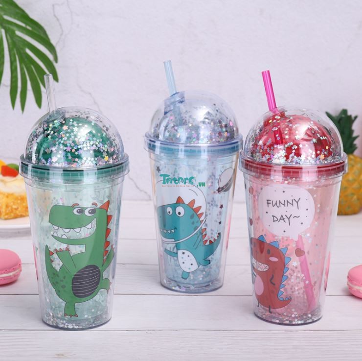 Ly Bình Nước Đi Học Văn Phòng Hình Khủng Long Kim Tuyến Kèm Ống Hút 430ml