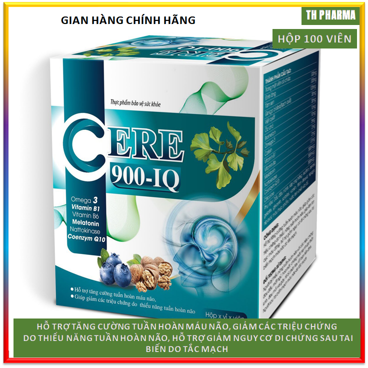 VIÊN UỐNG HOẠT HUYẾT DƯỠNG NÃO CERE 900 - IQ, GIÚP TĂNG CƯỜNG TUẦN HOÀN MÁU NÃO , NGĂN NGỪA GIẢM NGUY CƠ TAI BIẾN MẠCH MÁU NÃO (ĐỘT QUỴ) – HỘP 100 VIÊN