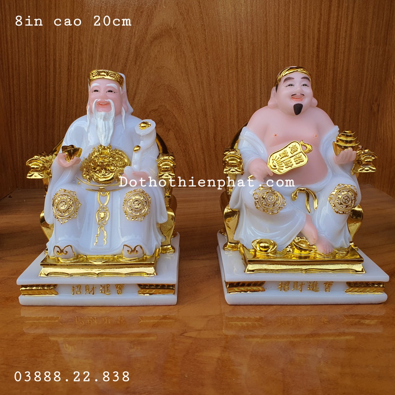 Cặp thần tài ông địa đá màu trắng 8in cao 20 cm