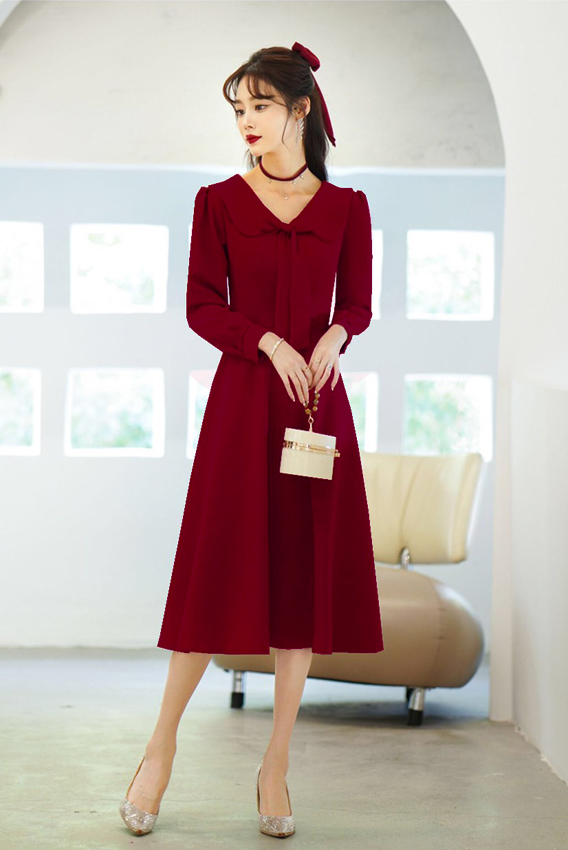 Đầm  Đự Tiệc Dáng Xoè Tay Dài Phối Nơ Cổ
