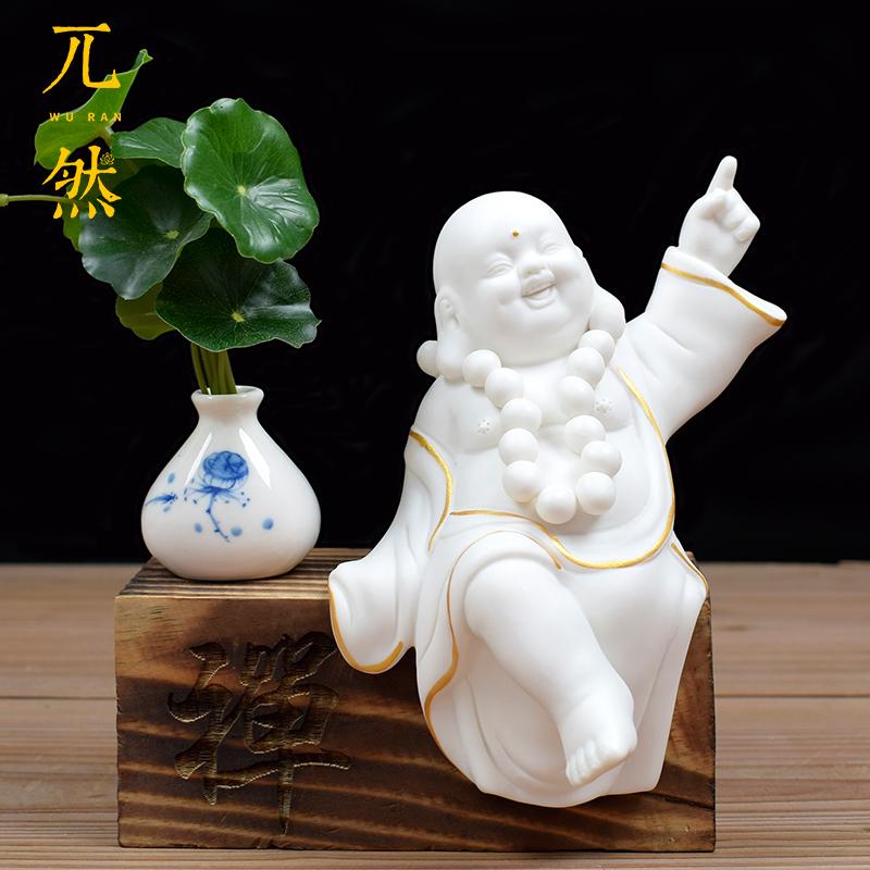 [HCM](Kèm đế gỗ) Tượng Tiếu Phật gốm trắng - mẫu chỉ thiên