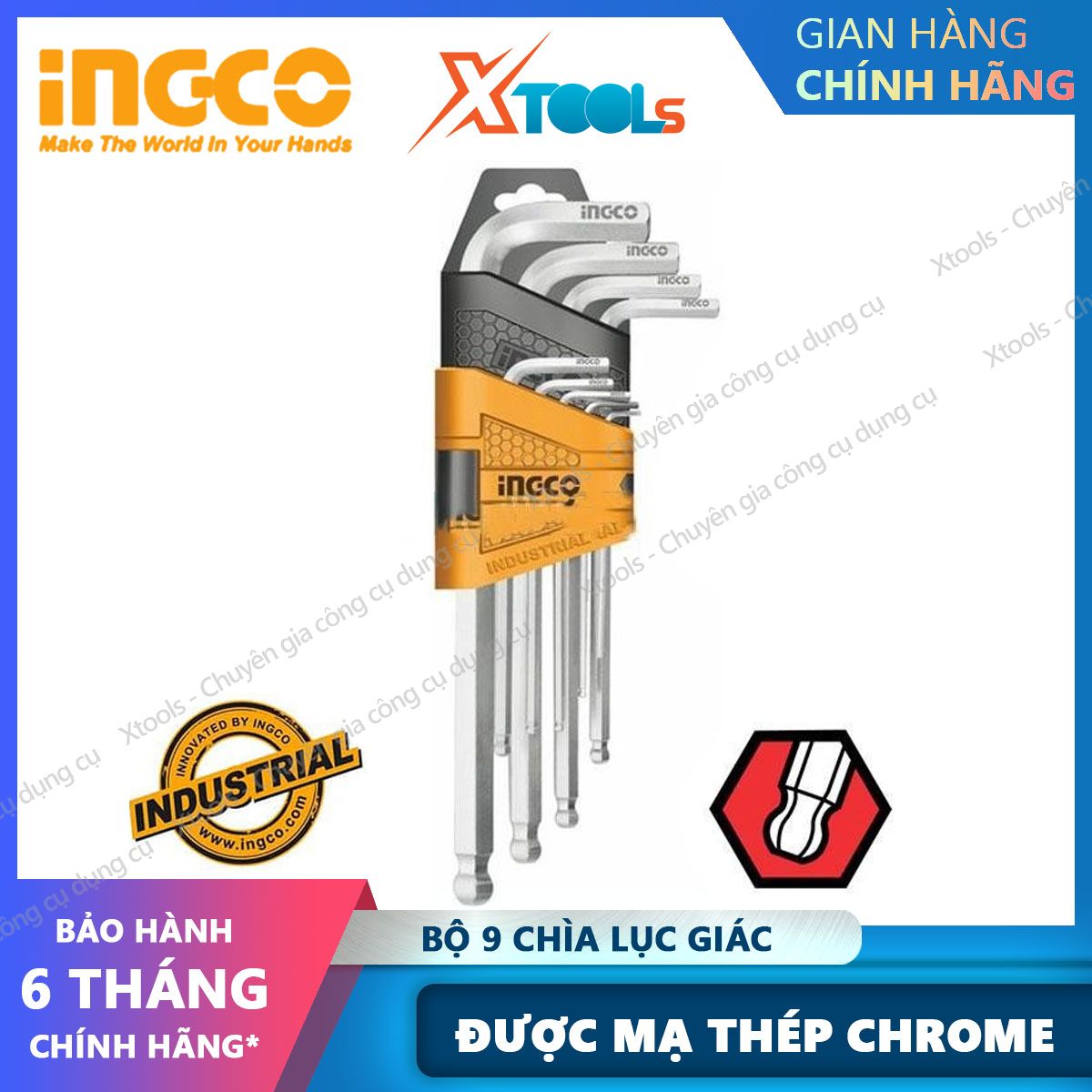 Set 9 key hexagonal round head ingco HHK12091 compact design. Lock hexagonal material CR-V, size 1.5-10mm, heat resistant and is plated with chrome steel. -48/T-product genuine [XTools] [xsafe]