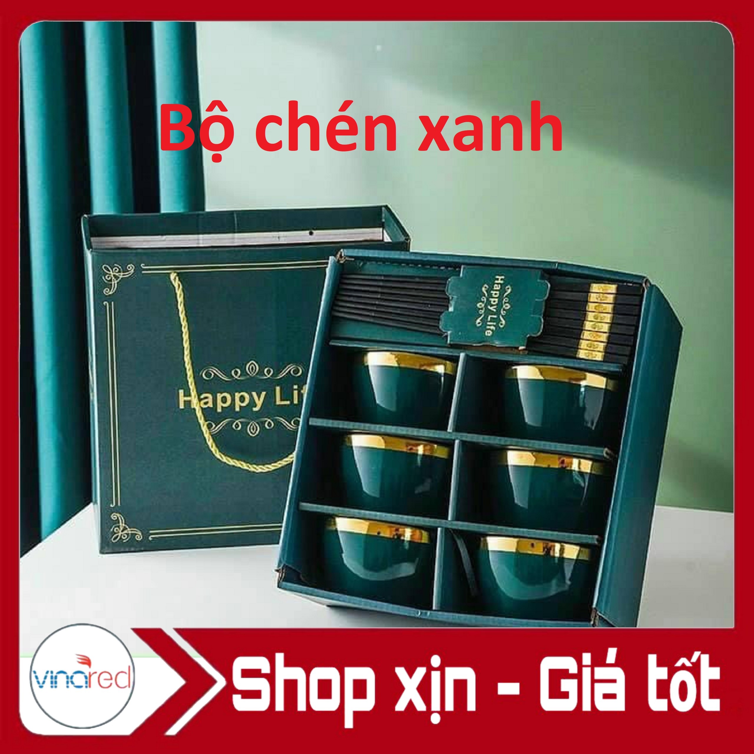 Bộ 6 chén bát Xanh/Trắng kèm 6 đôi đũa