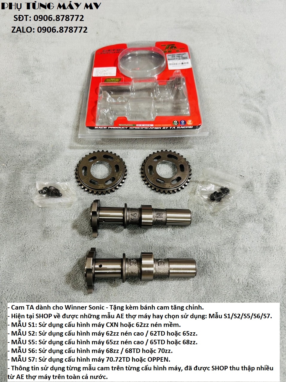 Cặp cam TA đủ size dành cho xe Winner Sonic