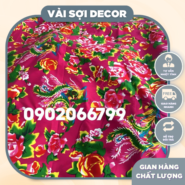 Vải chăn con công màu đỏ khổ vải 1,6m