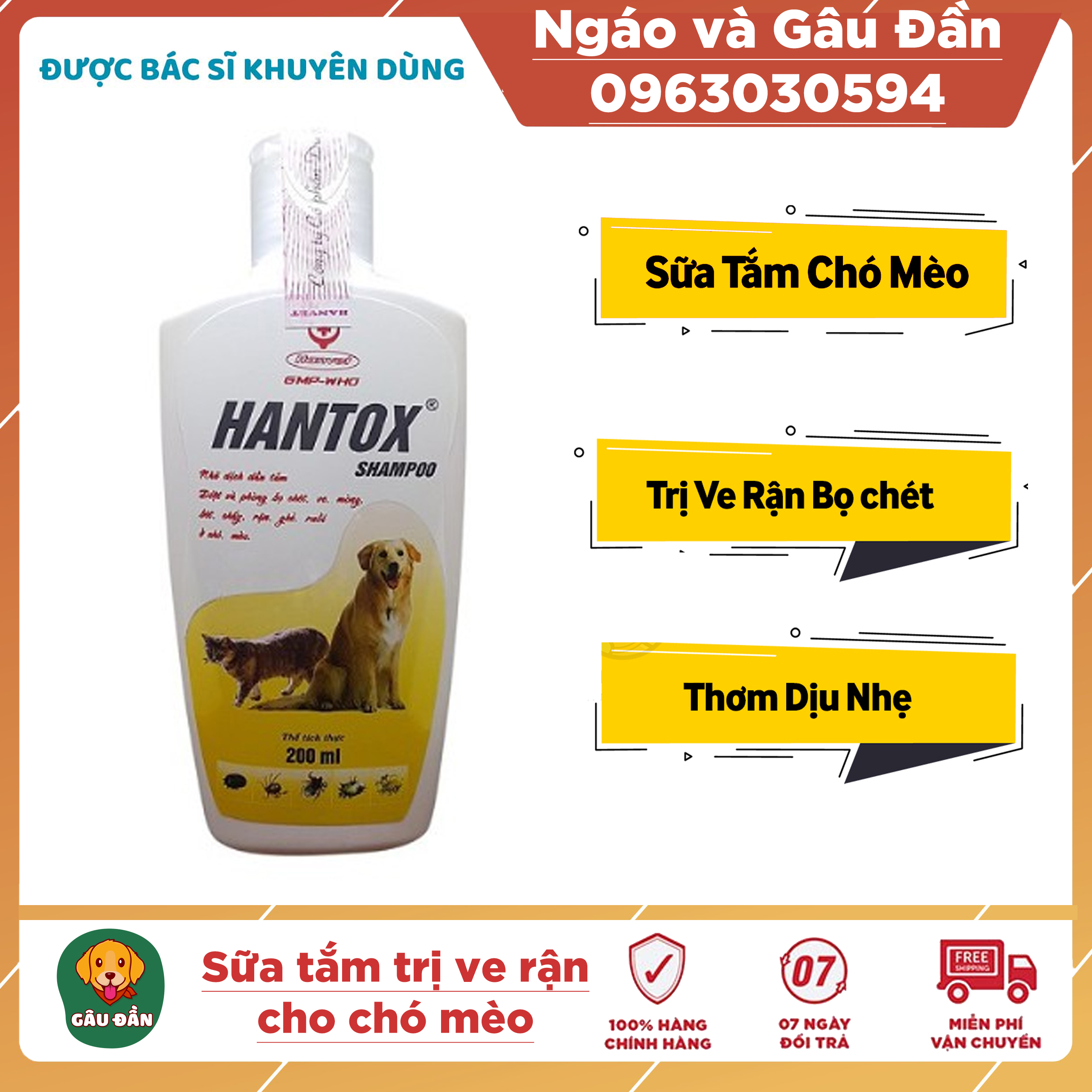 Sữa Tắm Trị Ve Rận Bọ Chét Cho Chó Mèo Hantox Shampoo Vàng 200ml