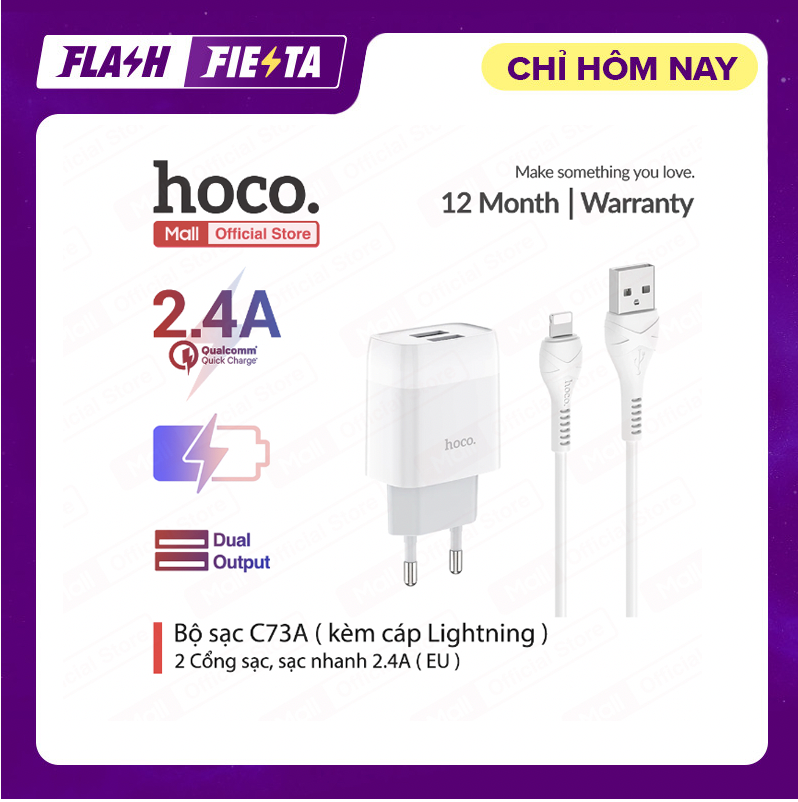 Bộ sạc Hoco C73A 2 cổng sạc nhanh 2.4A ( kèm cáp lightning )