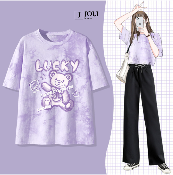 Áo Thun Loang, Áo Phông Nam Nữ Unisex Tay Lỡ By JOLI BST Màu Tím In Hình Chất Cotton Form Rộng