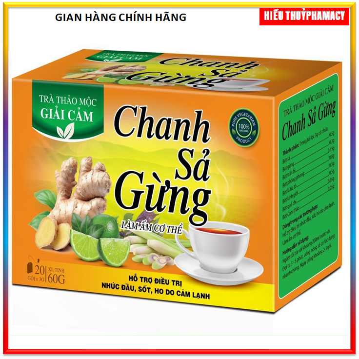 Trà Thảo Mộc Chanh Sả Gừng, Giải Cảm ,Nhức Dầu ,Sốt Ho  Do Cảm Lạnh  Hộp 20 gói