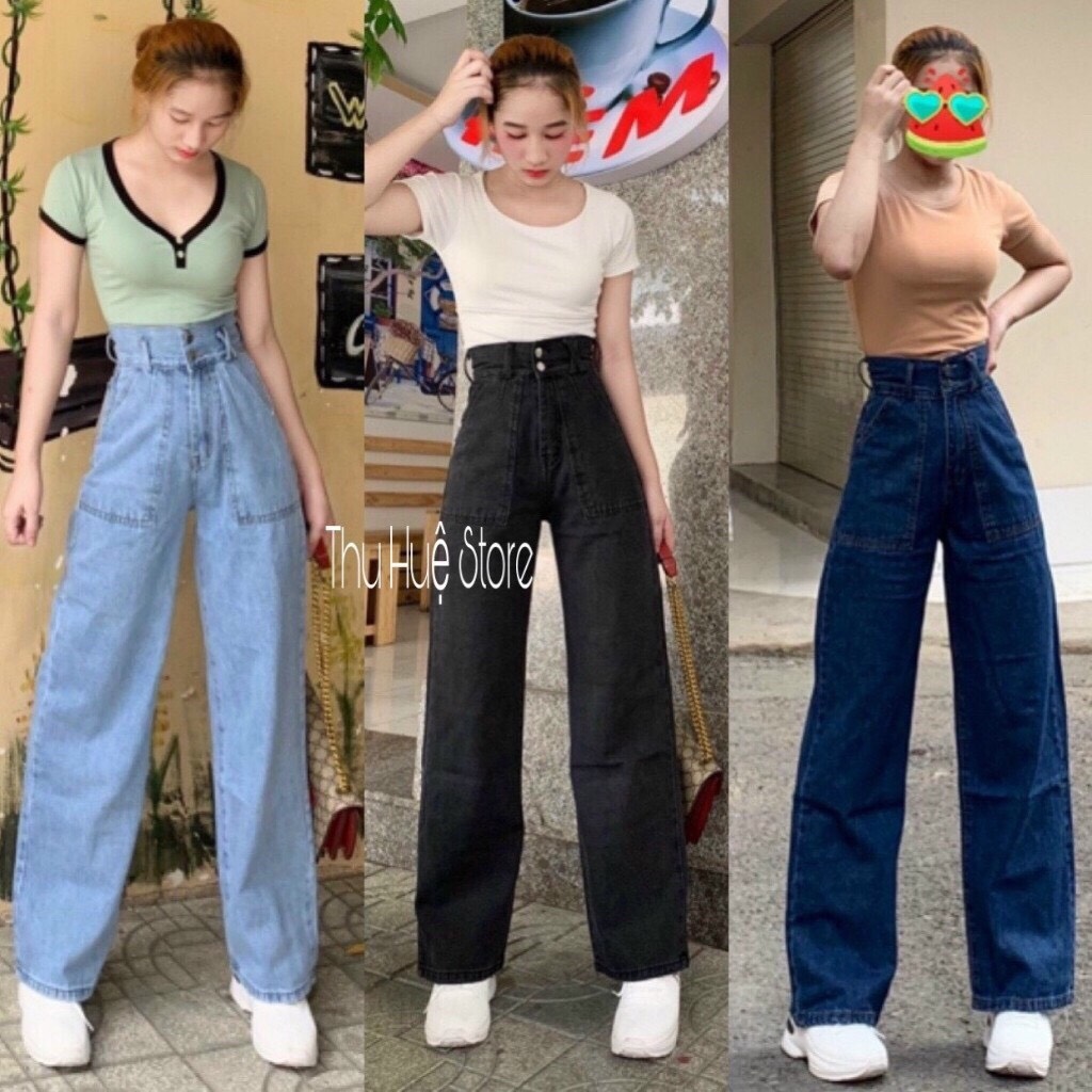 Baggy Jeans 2 Nút Túi Đắp Trước Dài 100cm