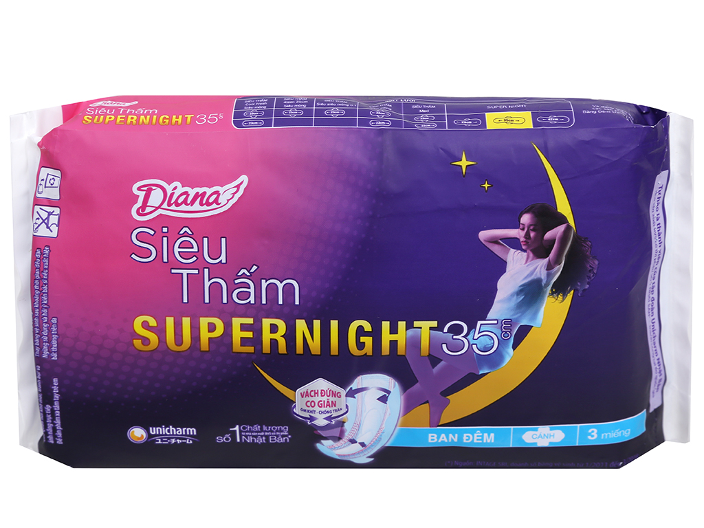 Băng vệ sinh ban đêm Diana Super Night chống tràn 3 miếng 35cm