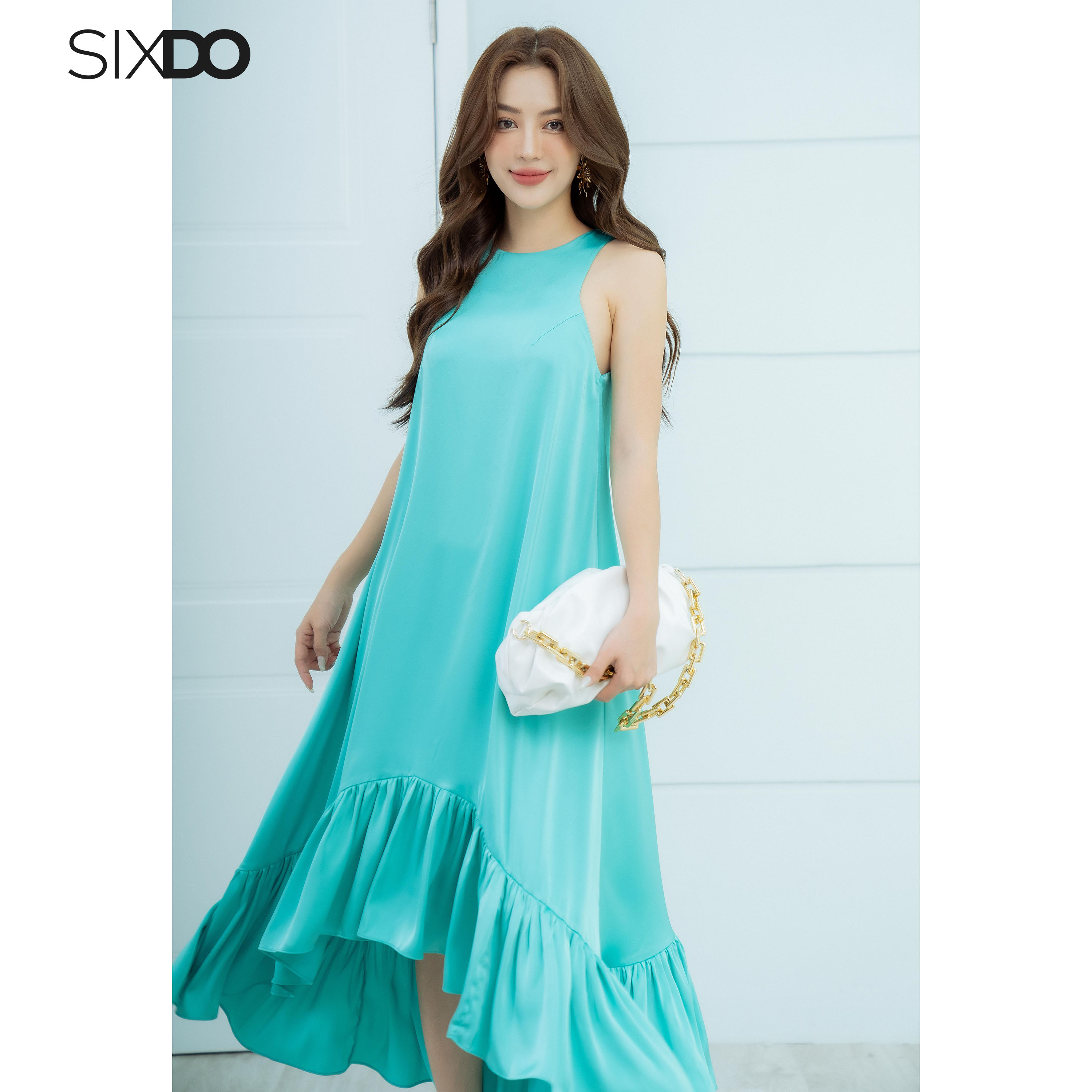 Đầm lụa xanh đuôi cá SIXDO (Turquoise Sleeveless Midi Silk Dress)