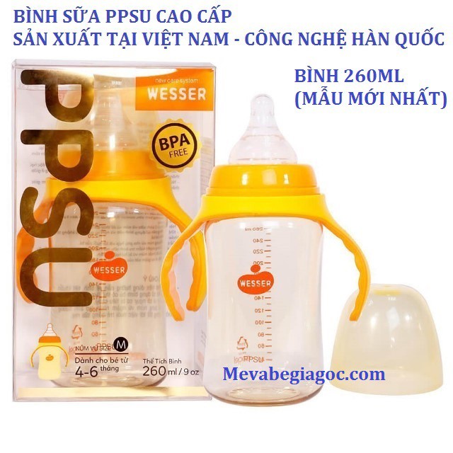 (FREESHIP ĐẾN 50k) (MẪU MỚI) Bình Sữa Cổ Rộng cao cấp PPSU WESSER (180ML - 260ML) - Made in Vietnam (Công nghệ Hàn Quốc) NAM2