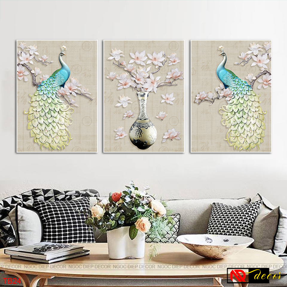 Bộ tranh dán tường CAO CẤP Chim Công Bình Bông 3D, tranh trang trí in sắc nét rực rỡ