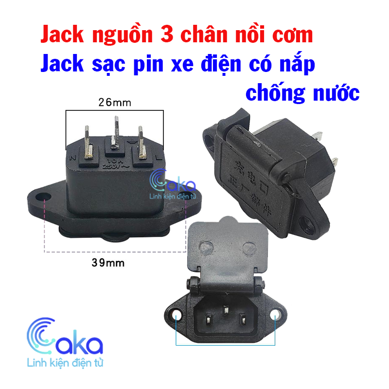 Jack cắm nguồn 3 chân có nắp đậy thay thế jack nguồn sạc pin xe điện nồi cơm ấm điện ấm sắc