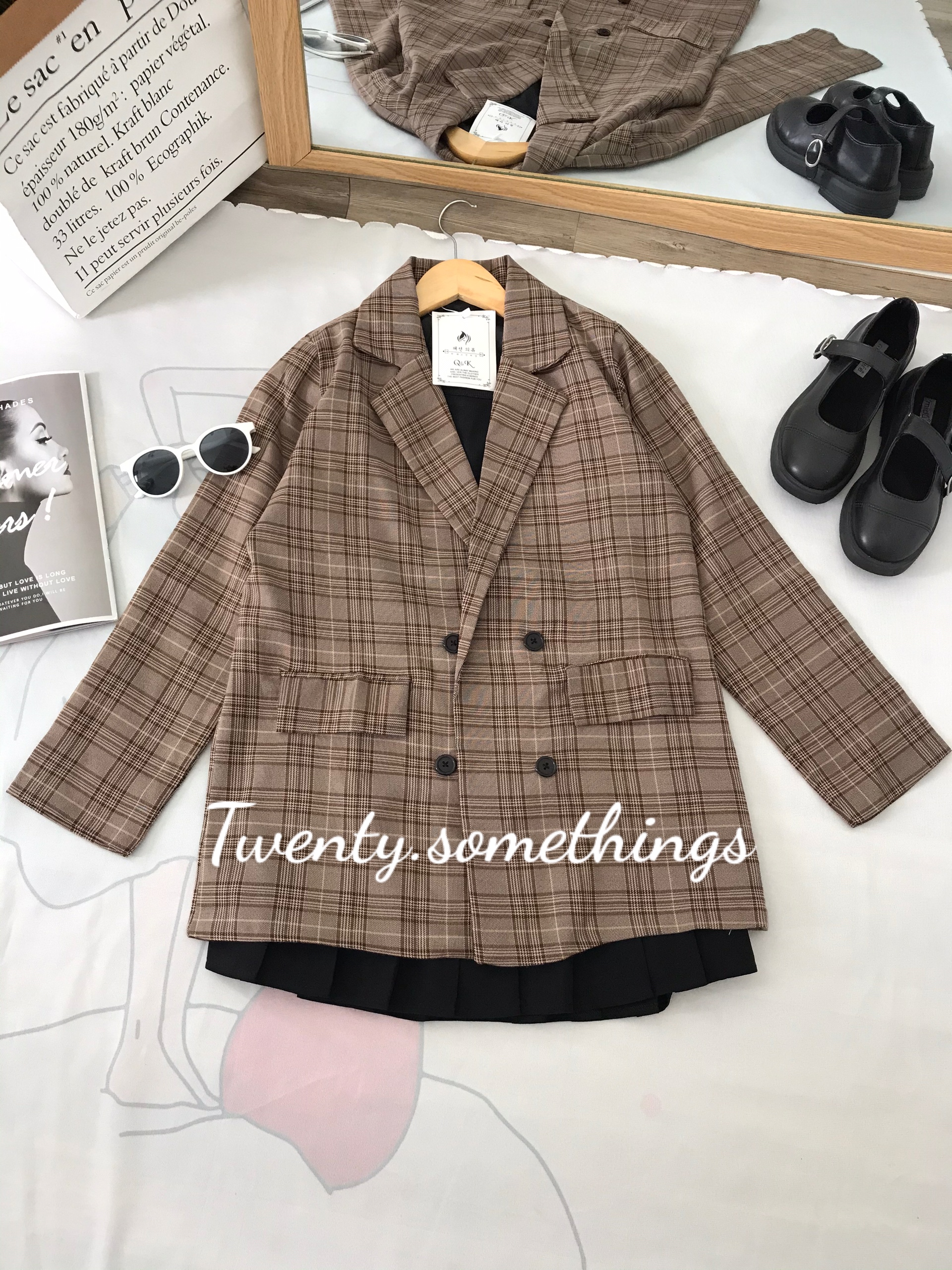 ÁO BLAZER KẺ NÂU VINTAGE 2 LỚP ( ảnh thật/ video/ sẵn)