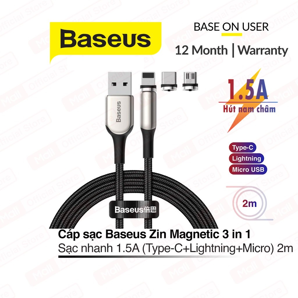 Bộ cáp nam châm 3 đầu Baseus Zinc Magnetic Cable Kit（Lightning/ Type C/ Micro Magnetic Connetor + USB Cable