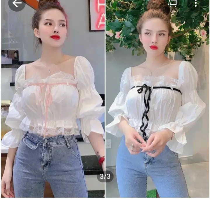 Áo voan trắng croptop cổ vuông phối dây nơ nữ tính TTSLA0049