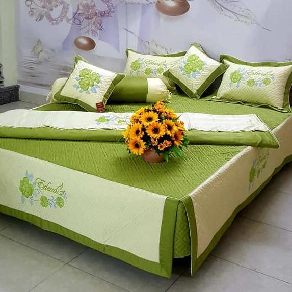 [HCM]BỘ CHĂN GA SATIN 1m8x2m PHỦ GIƯỜNG 7 Món Màu Xanh Cốm Cao Cấp
