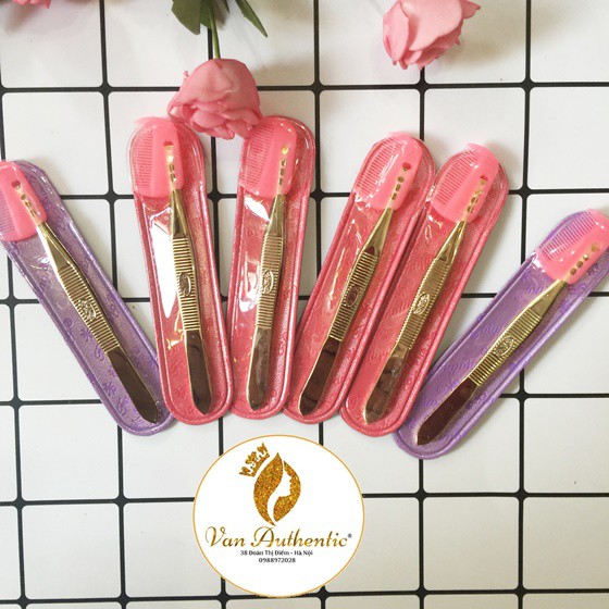 Nhíp nhổ lông kèm lược chải lông mày cao cấp, nhíp nhổ râu mạ vàng kèm lược chải lông mi cao cấp