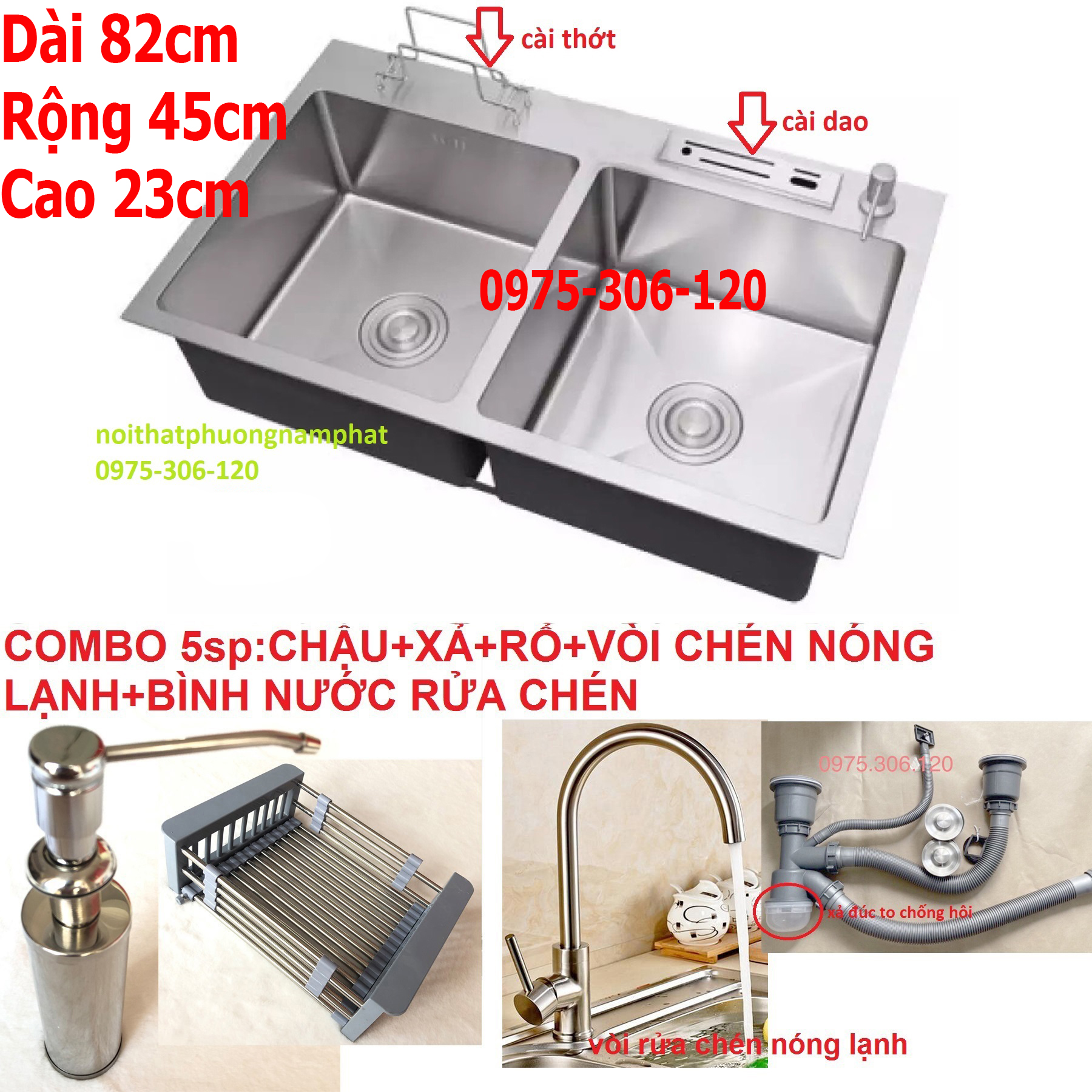 Combo chậu rửa chén bát inox sus 304 n16 8245 na.grand dao thớt và bộ xả chậu và rổ và vòi rửa chén nóng lạnh và bình nước rửa chén bồn rửa chén inox
