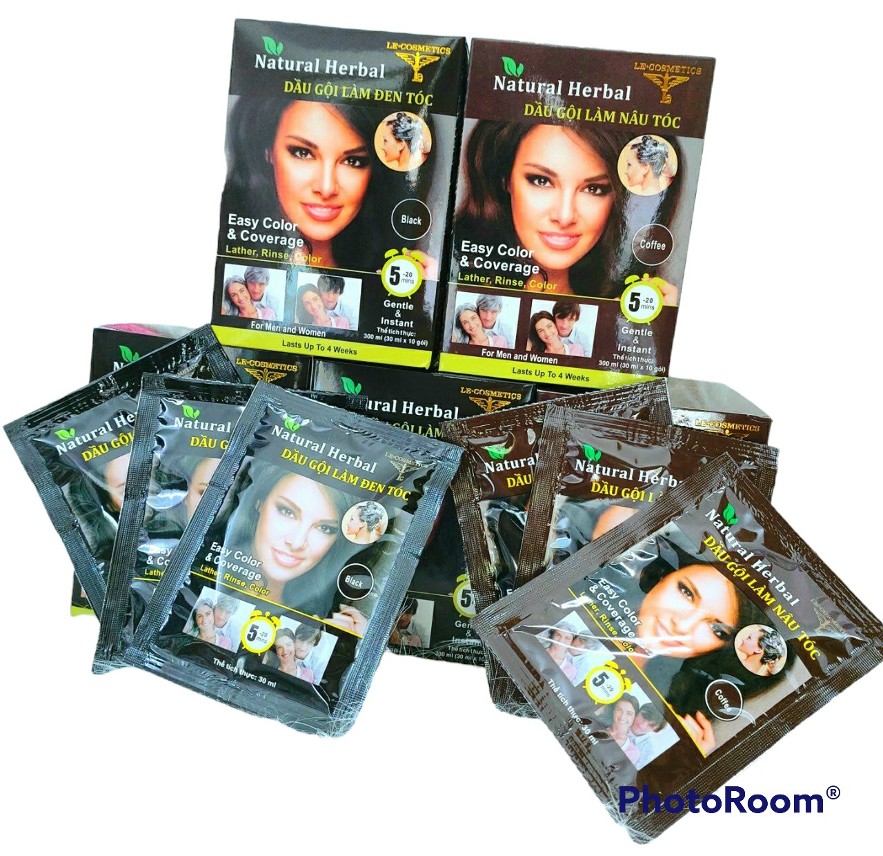 Dầu gội nhuộm tóc - thuốc nhuộm thảo dược natural herbal - phủ bạc 100% - không rát da đầu màu nâu & đen 1 hộp 10 gói.