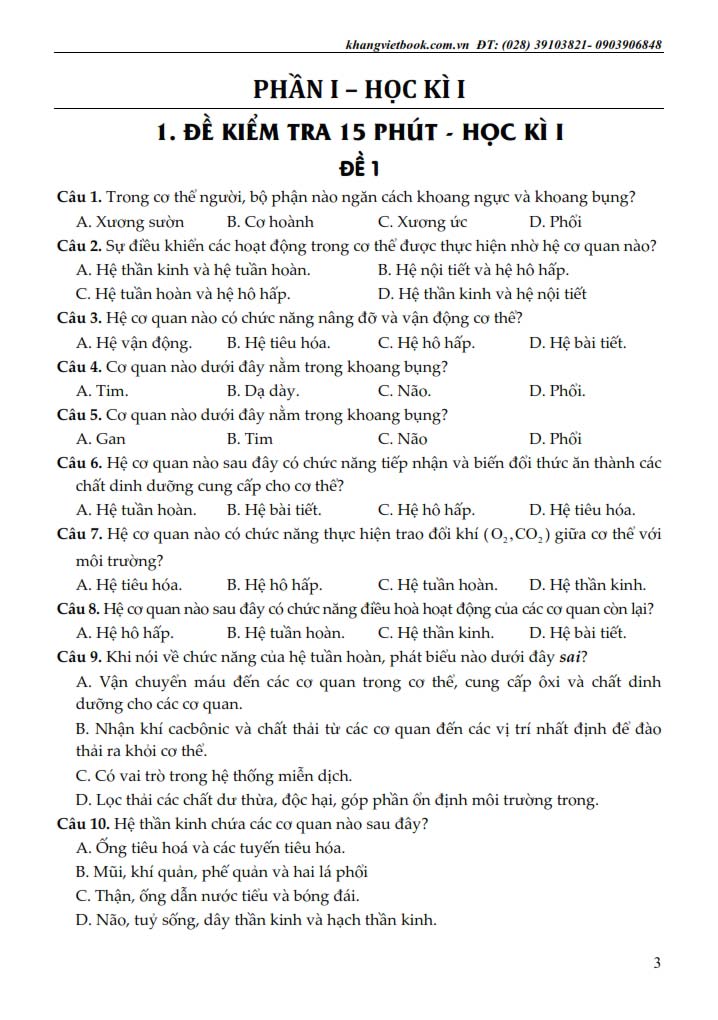 100 ĐỀ KIỂM TRA SINH HỌC 8