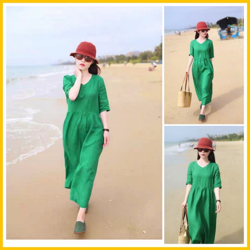 Đầm linen cổ tim nhún eo tay lỡ [ chất linen bột thoáng mát thấm hút mồ hôi+ tặng kèm dây nơ eo ]
