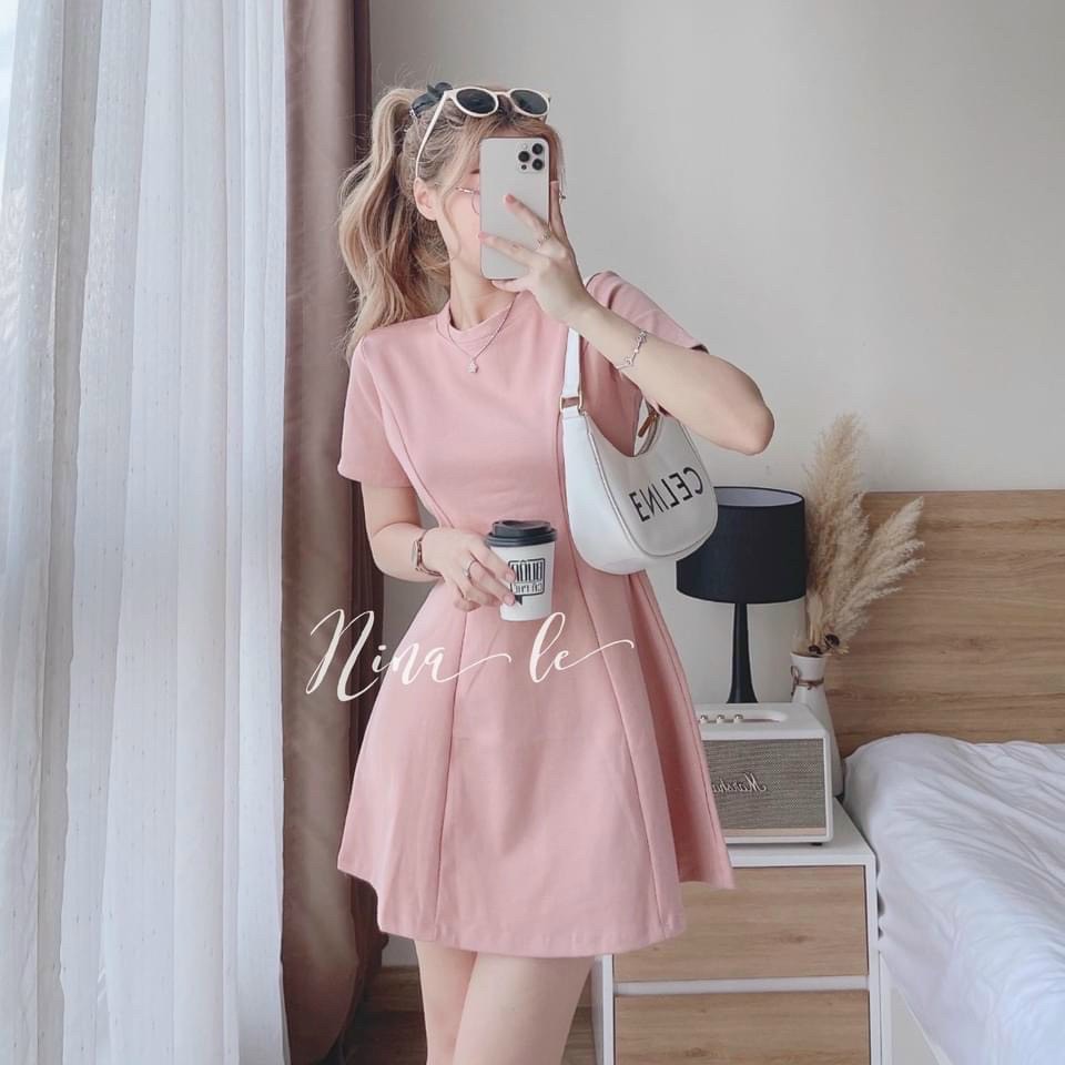 Đầm nữ , đầm body cổ tròn tay ngắn phom xòe basic nữ thun gân kiểu ôm gợi cảm
