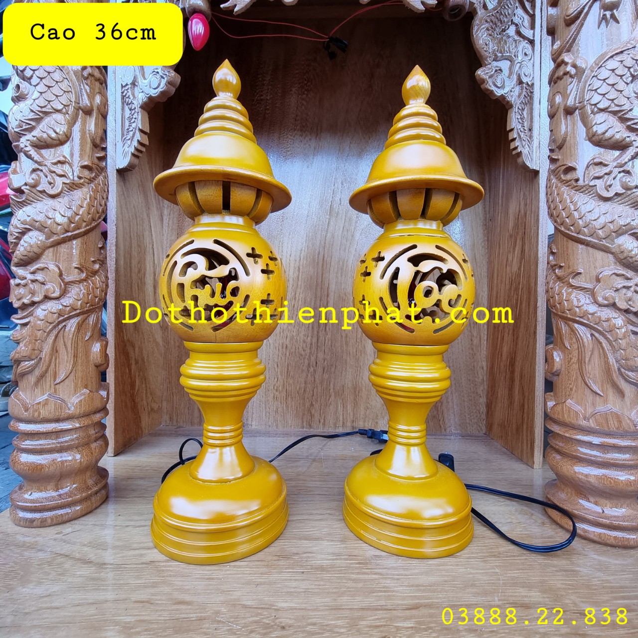 Cặp đèn thờ gỗ xà cừ cao 36cm phúc lộc thọ mẫu mới